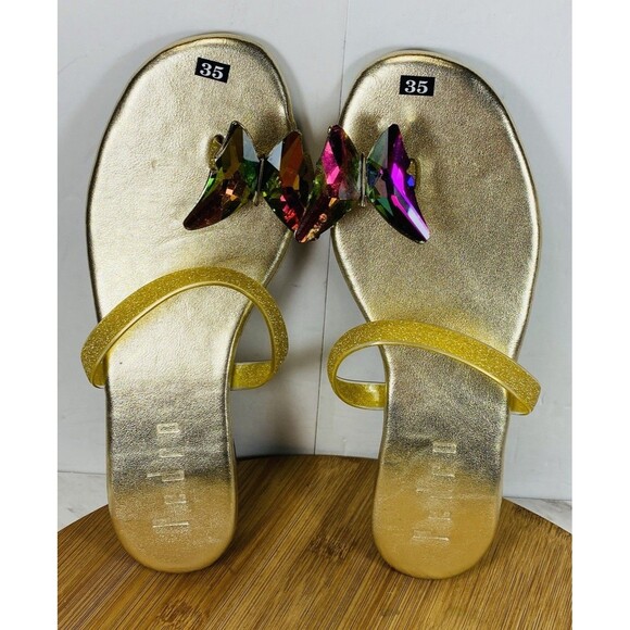 Pedro Gold Sandals With Multicolored Toe Glass Butterfly Size 5 - Picture 5 of 6